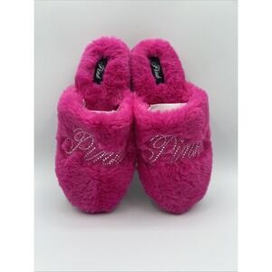 Victoria's Secret PINK Slippers Medium Faux Fur Plush Hot Pink Bling Logo NWT